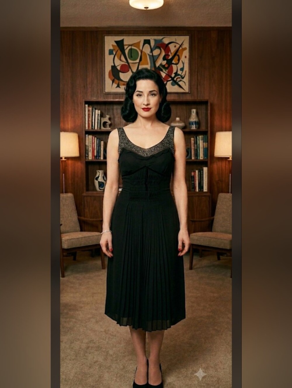 Per Chi Vintage 90s Y2k Elegant Black Pleated Silk Midi Dress Beaded Neckline, M